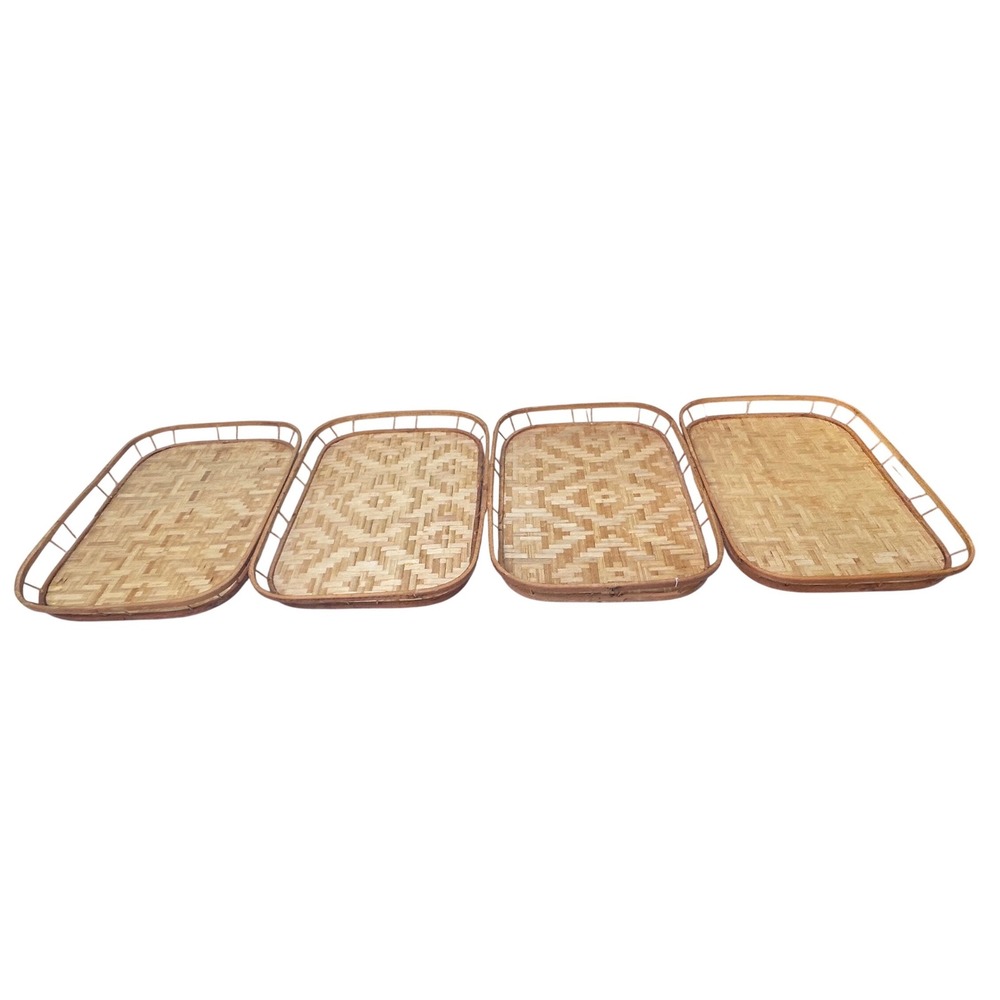 Vintage Woven Bamboo Nesting Trays Set of 4 Boho Geometric Serving Trays Natural